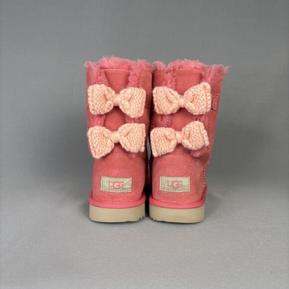 Girls Sz 3 UGG Boots Bailey Bow Light Pink Knit Bows Salmon Suede Fast Shipping - Picture 1 of 16